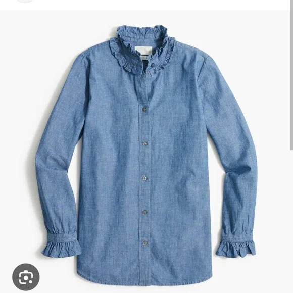 J. CREW Classic-fit Ruffleneck Chambray Shirt Size 4 - Picture 2 of 11